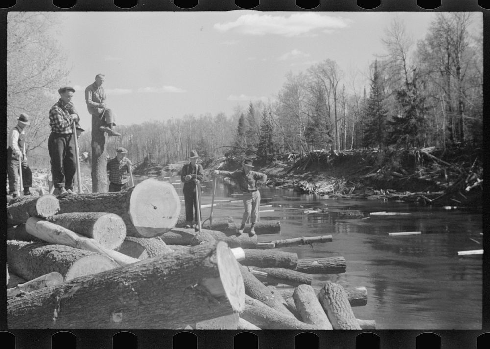 [Untitled photo, possibly related to: Rolling logs into river, near Littlefork, Minnesota]. Sourced from the Library of…