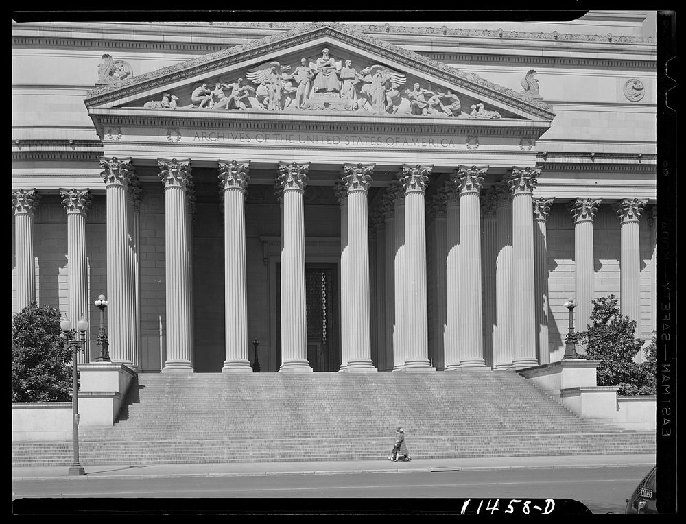 Washington, D.C. Main entrance to the National Archives of the United States on Constitution Avenue. Sourced from the…