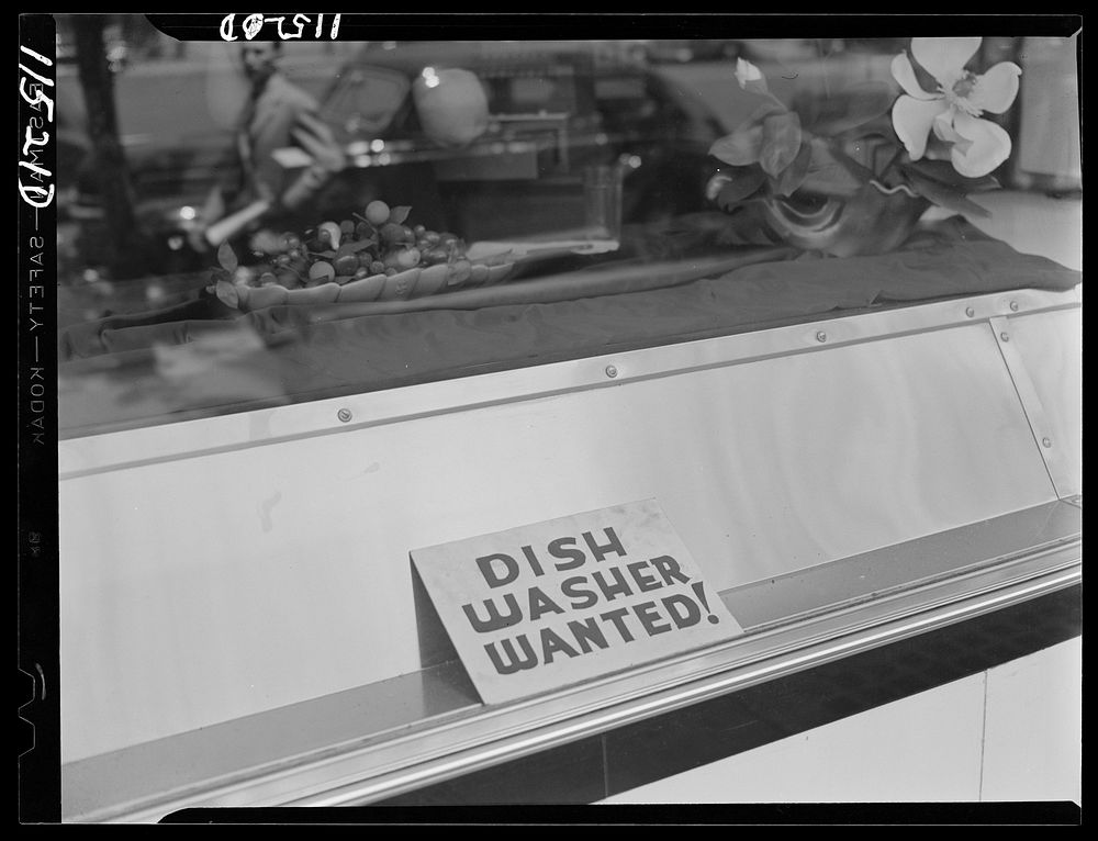 Washington, D.C. Dishwasher wanted sign in a New York Avenue restaurant. Sourced from the Library of Congress.