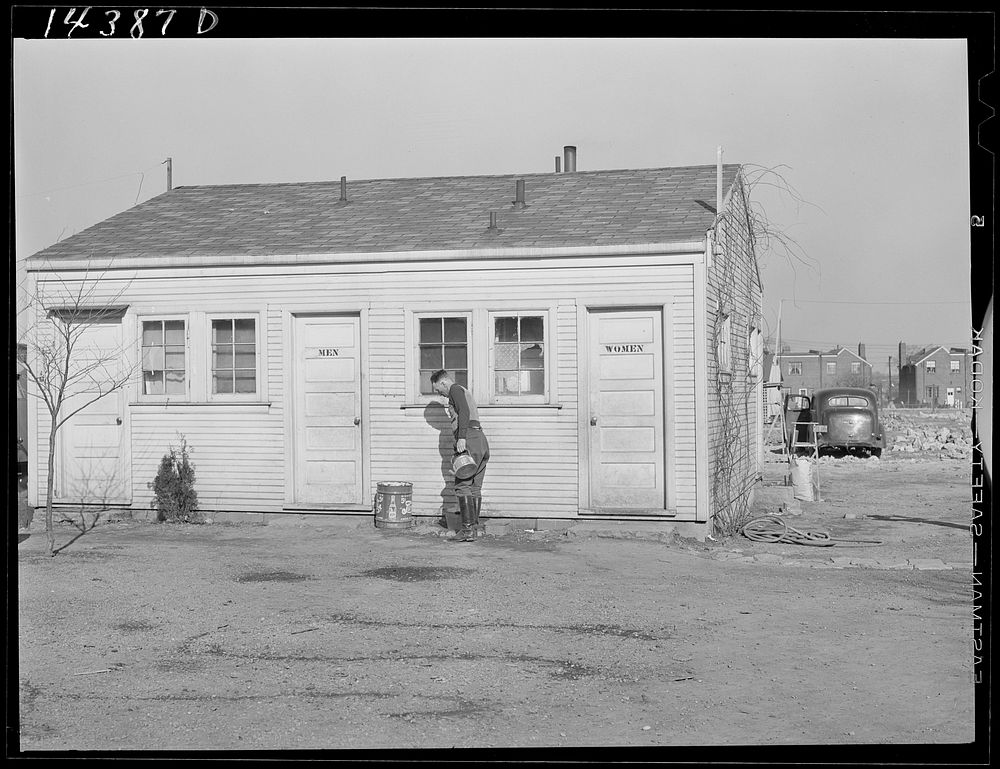 Showers and toilets for trailer camp occupants. Trailer camp in Alexandria, Virginia. Sourced from the Library of Congress.