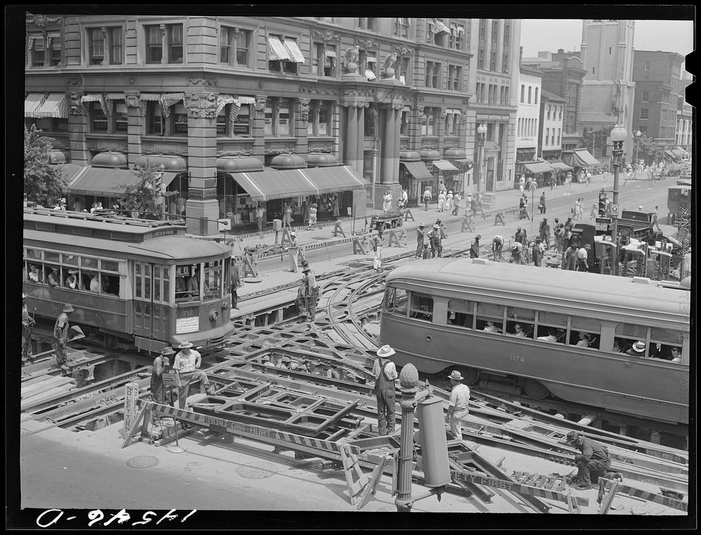 Repairing streetcar tracks, Fourteenth and G Streets, N.W., Washington, D.C.. Sourced from the Library of Congress.