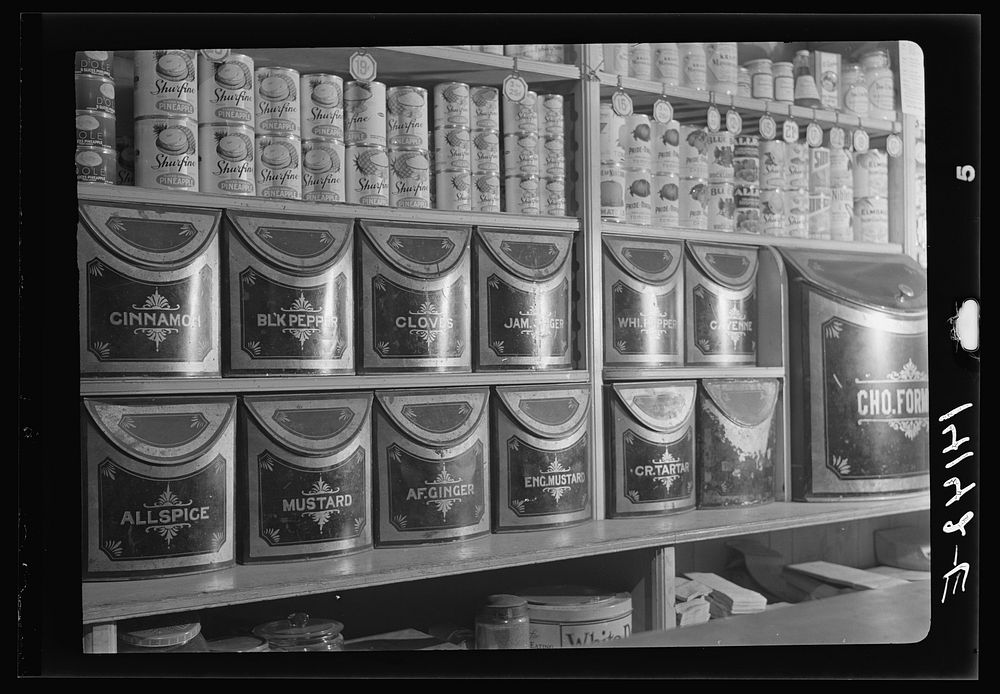 Forty-year-old spice jars in Miller and Brown's store. Wilson, New York. Sourced from the Library of Congress.