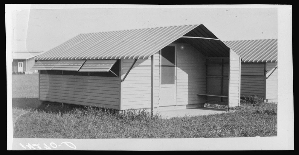 Prefabricated steel shelter, one-family unit, to replace tents in Farm Security Administration camps for migratory farm…