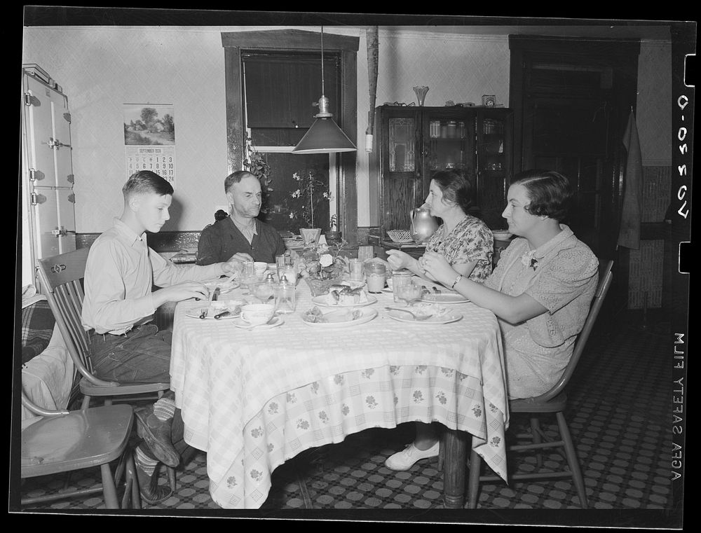 Lancaster County, Pennsylvania. The Royer family at supper in the house on the Enos Royer farm. Sourced from the Library of…