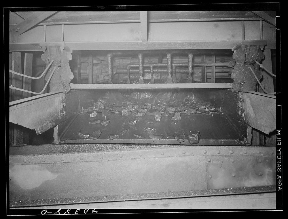 Gilberton, Pennsylvania. Coal on a grate conveyor in the Saint Nicholas breaker being washed. Sourced from the Library of…