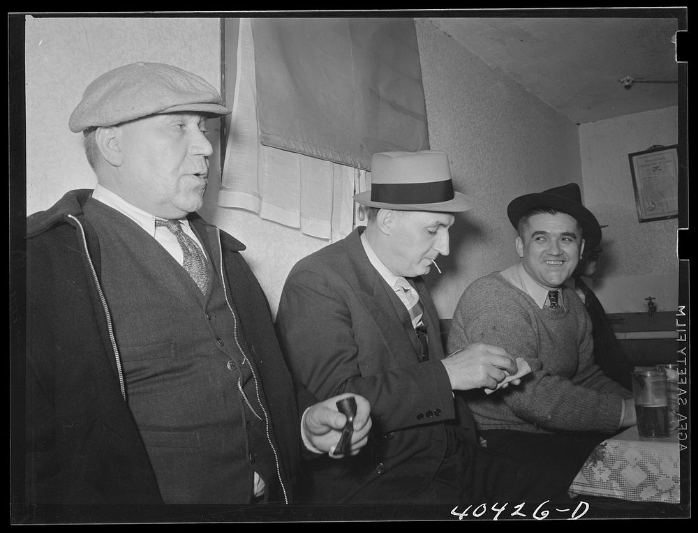Shenandoah, Pennsylvania. Three miners at a beer party in Joe Gladski's cellar. Sourced from the Library of Congress.