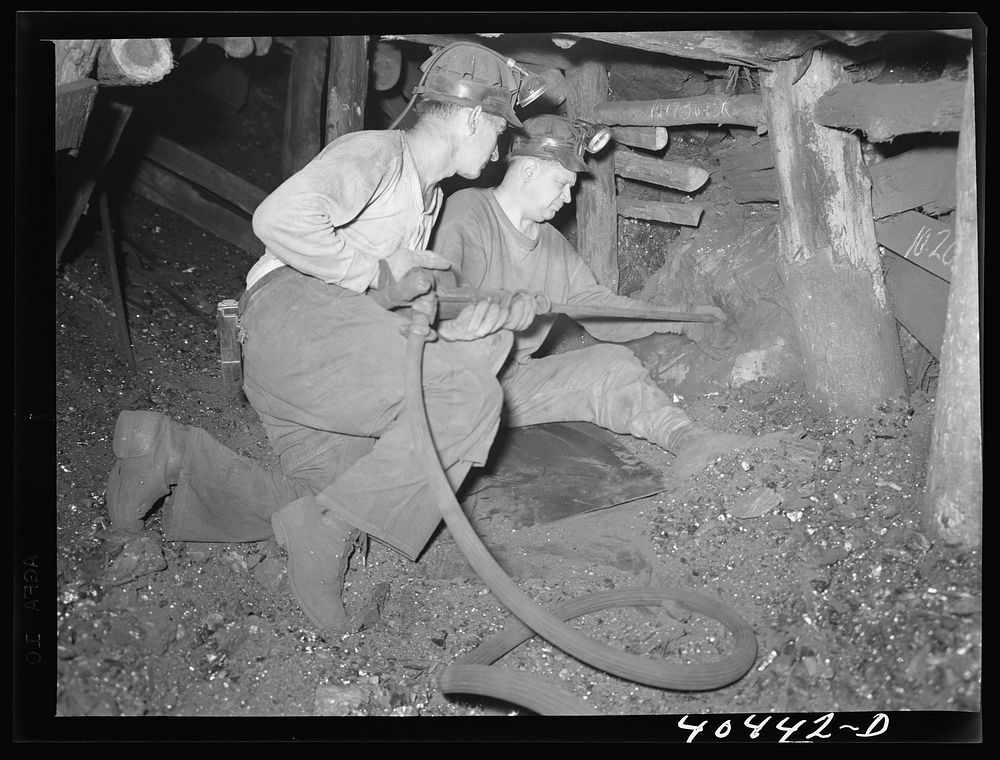Shenandoah, Pennsylvania. Renick and Gladski, two miners drilling to set a blast in Maple Hill mine tunnel twenty-nine.…
