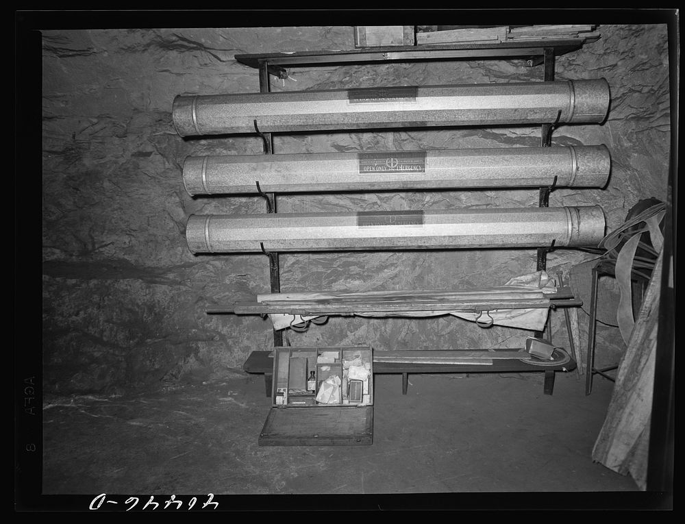 Shenandoah, Pennsylvania. First aid equipment in a cabinet and rack on the wall in the Maple Hill mine. Sourced from the…