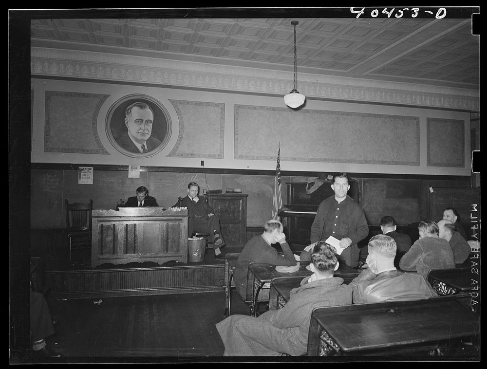 Shenandoah, Pennsylvania. John Guida, treasurer of the local (807) United Mine Workers union, addressing a meeting of the…