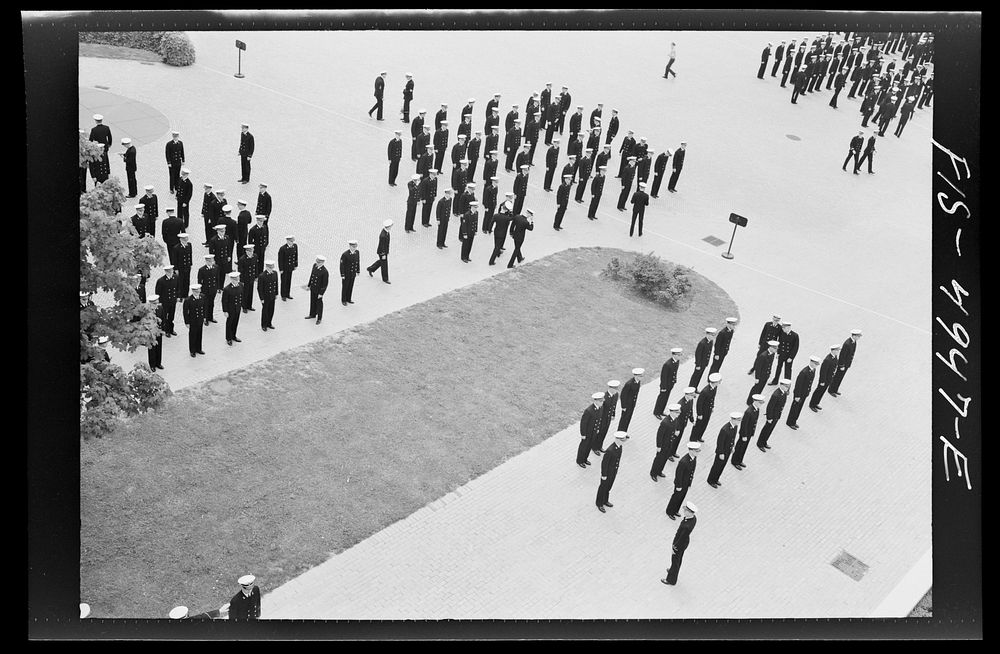 [Untitled photo, possibly related to: U.S. Naval Academy, Annapolis, Maryland. Midshipmen in formation]. Sourced from the…