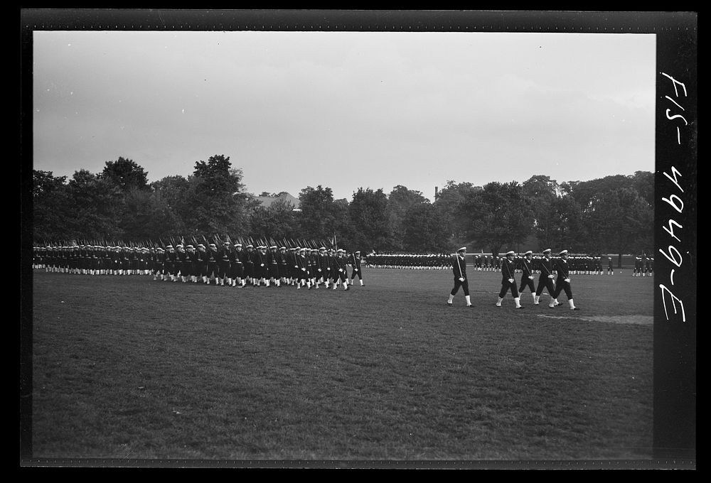 [Untitled photo, possibly related to: Annapolis, Maryland. Midshipmen of the U.S. Naval Academy passing review during the…