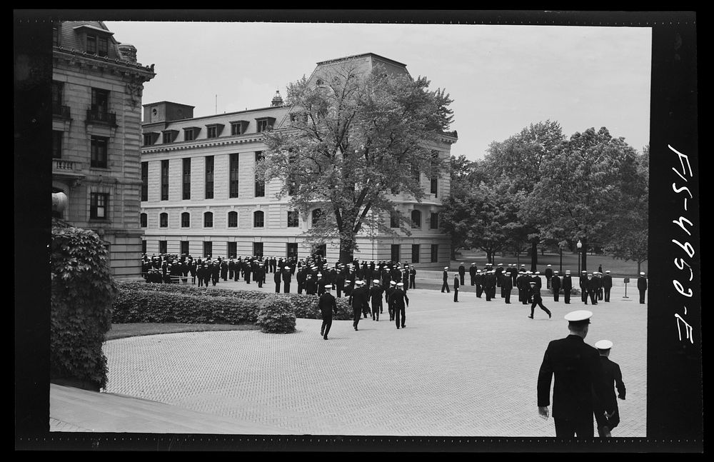 U.S. Naval Academy, Annapolis, Maryland. Midshipmen in one of the courts of the Academy. Sourced from the Library of…