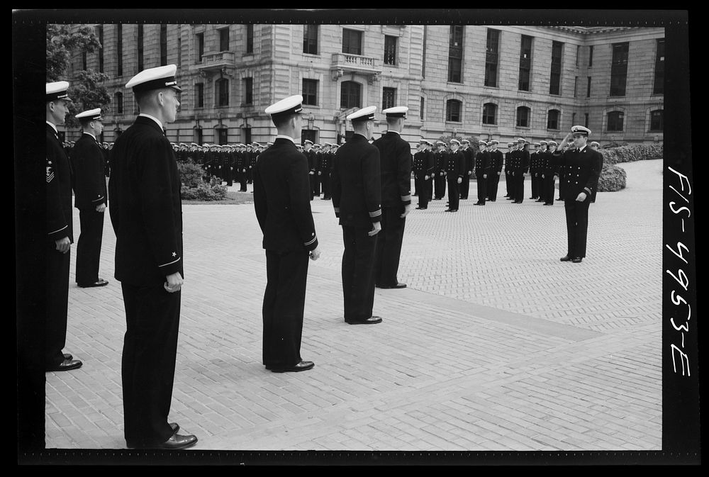 [Untitled photo, possibly related to: U.S. Naval Academy, Annapolis, Maryland. Midshipmen in one of the courts of the…