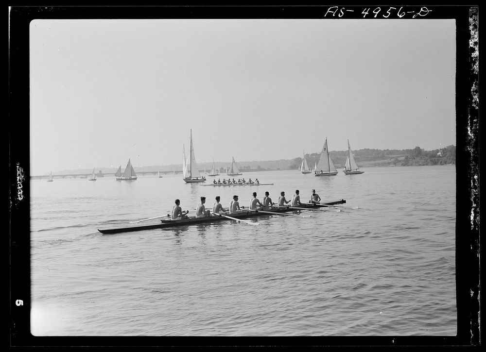 U.S. Naval Academy, Annapolis, Maryland.  Midshipmen in an eight-oared shell off Annapolis. Sourced from the Library of…