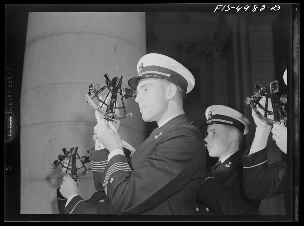 U.S. Naval Academy, Annapolis, Maryland. Midshipman looking with a sextant. Sourced from the Library of Congress.
