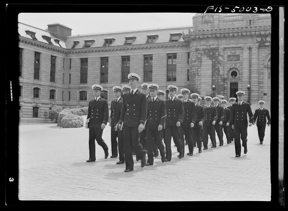 [Untitled photo, possibly related to: U.S. Naval Academy, Annapolis, Maryland. Midshipmen in formation]. Sourced from the…