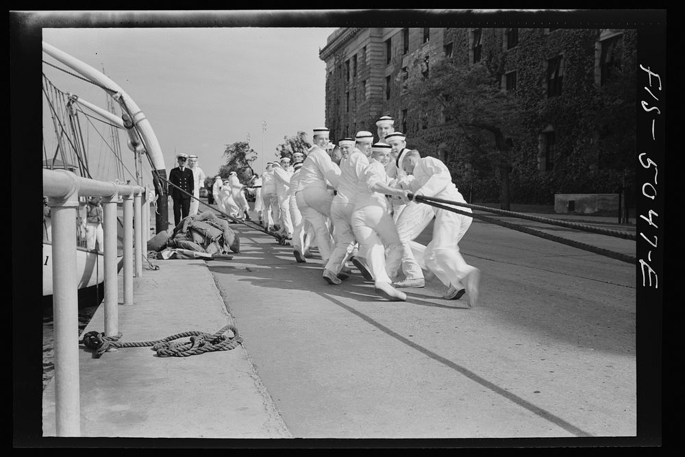 [Untitled photo, possibly related to: U.S. Naval Academy, Annapolis, Maryland. Tug of war]. Sourced from the Library of…