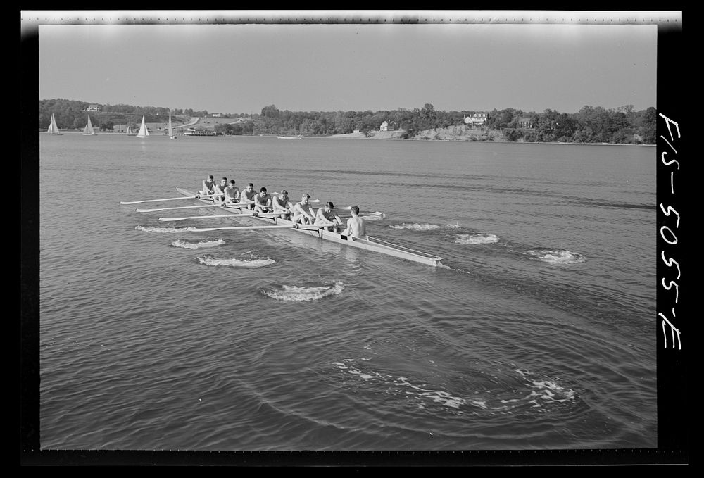 U.S. Naval Academy, Annapolis, Maryland. Midshipmen rowing an eight-oared shell. Sourced from the Library of Congress.