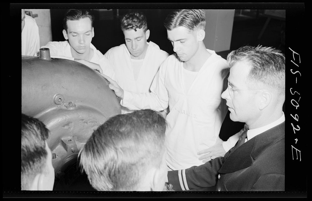 U.S. Naval Academy, Annapolis, Maryland. Studying an engine. Sourced from the Library of Congress.