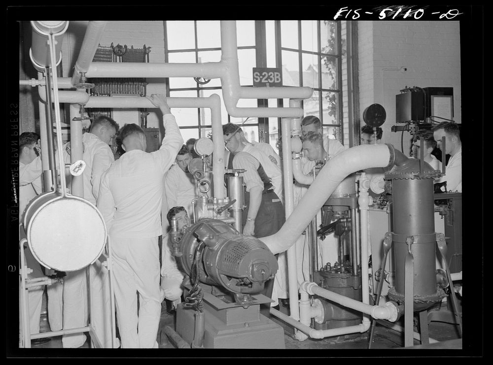 U.S. Naval Academy, Annapolis, Maryland. Studying a steam engine. Sourced from the Library of Congress.