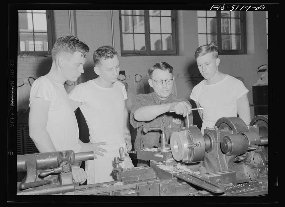 U.S. Naval Academy, Annapolis, Maryland. Instruction in the machine shop. Sourced from the Library of Congress.