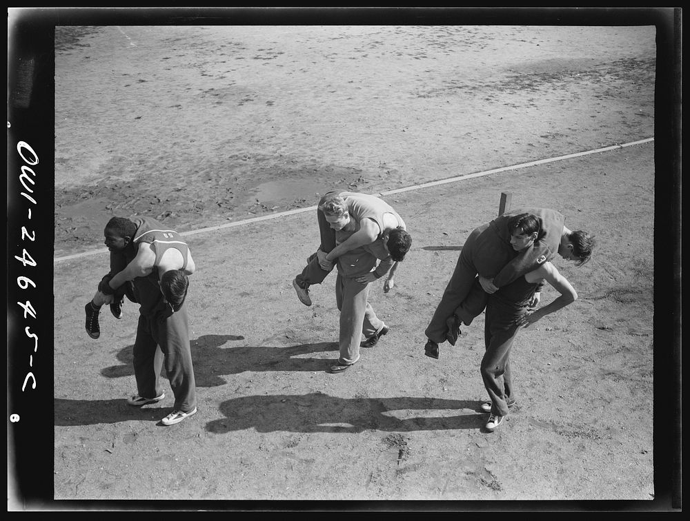 Benjamin Franklin High School, New York, New York. Boys in the "commando" course, part of the physical education program…