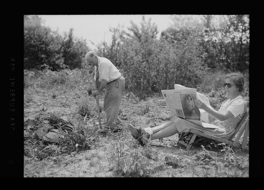 Washington, D.C. Leslie Edward Carr of the British purchasing commission with his wife at their victory garden on Fairlawn…
