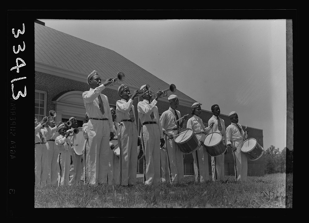 [Untitled photo, possibly related to: Charlotte Court House, Virginia. Central High School band every month or so marches up…