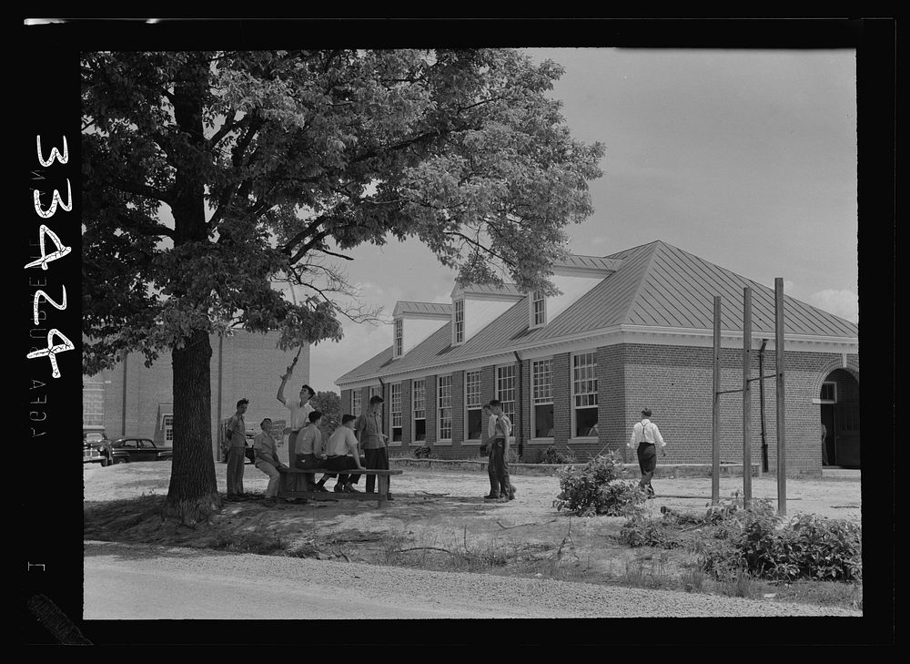 Keysville, Virginia. Randolph Henry High School. Shop building where boys learn how to repair farm machinery, do carpentry…