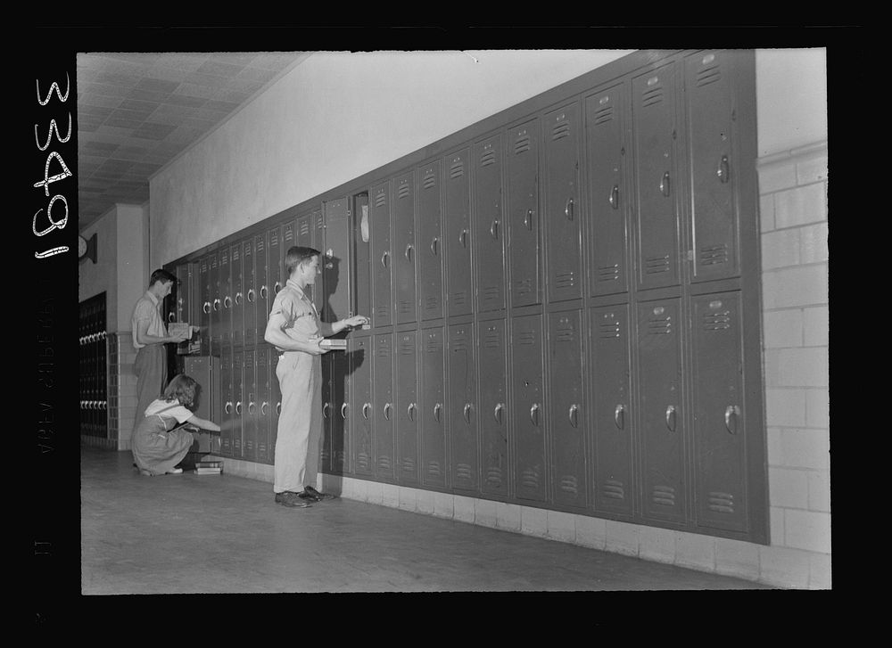 Keysville, Virginia. Randolph Henry High School. At lockers between classes. Sourced from the Library of Congress.