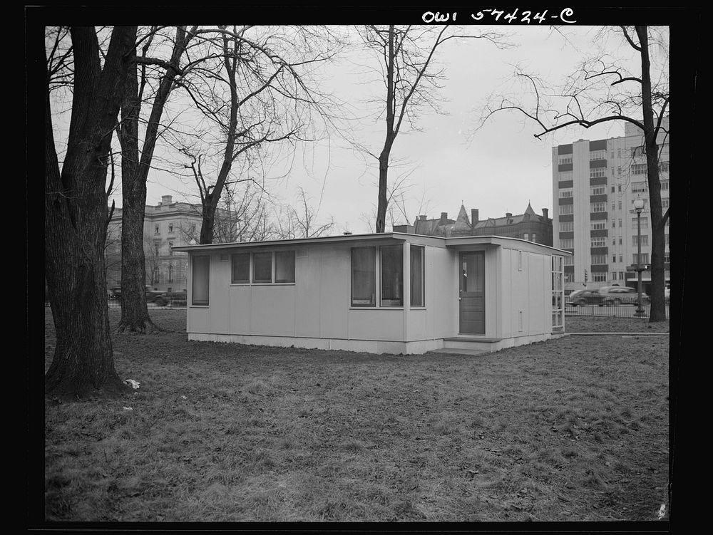 Houses for Britain. Model of prefabricated house erected at Scott Circle, Washington, D.C. of the type of temporary…