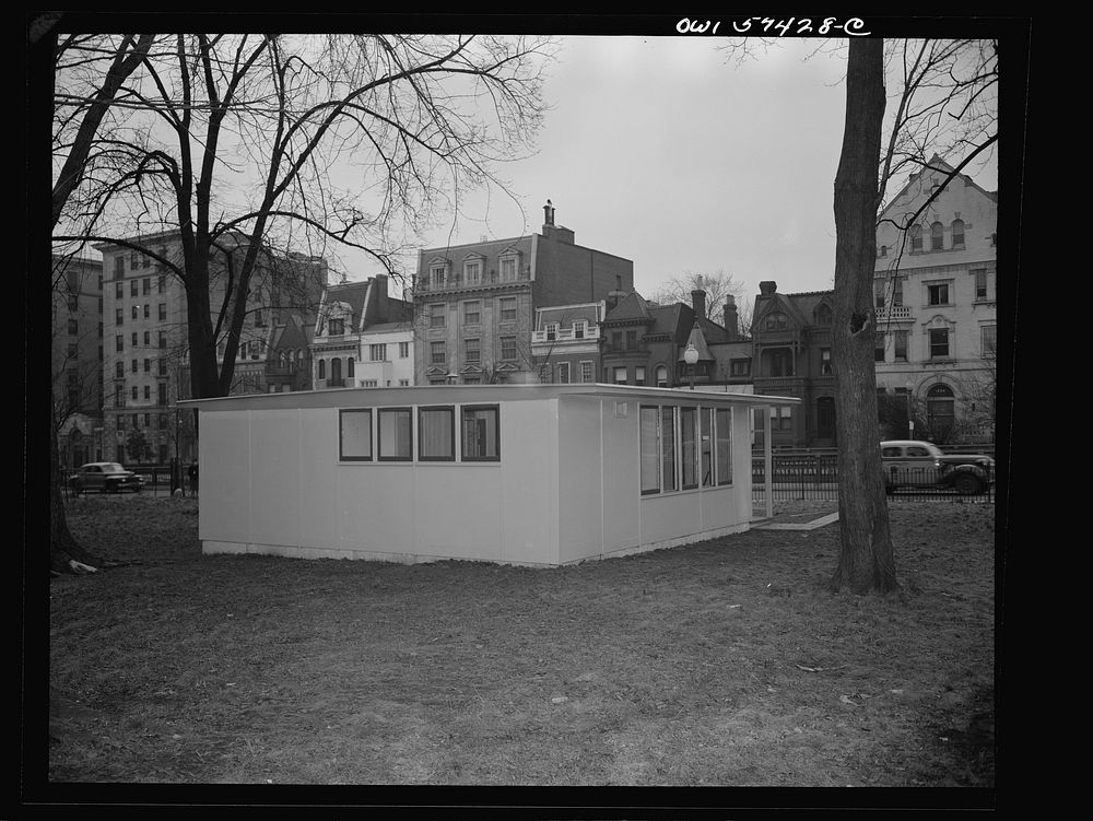 Houses for Britain.  Rear, side view of model prefabricated house erected by the Federal Public Housing Authority at Scott…