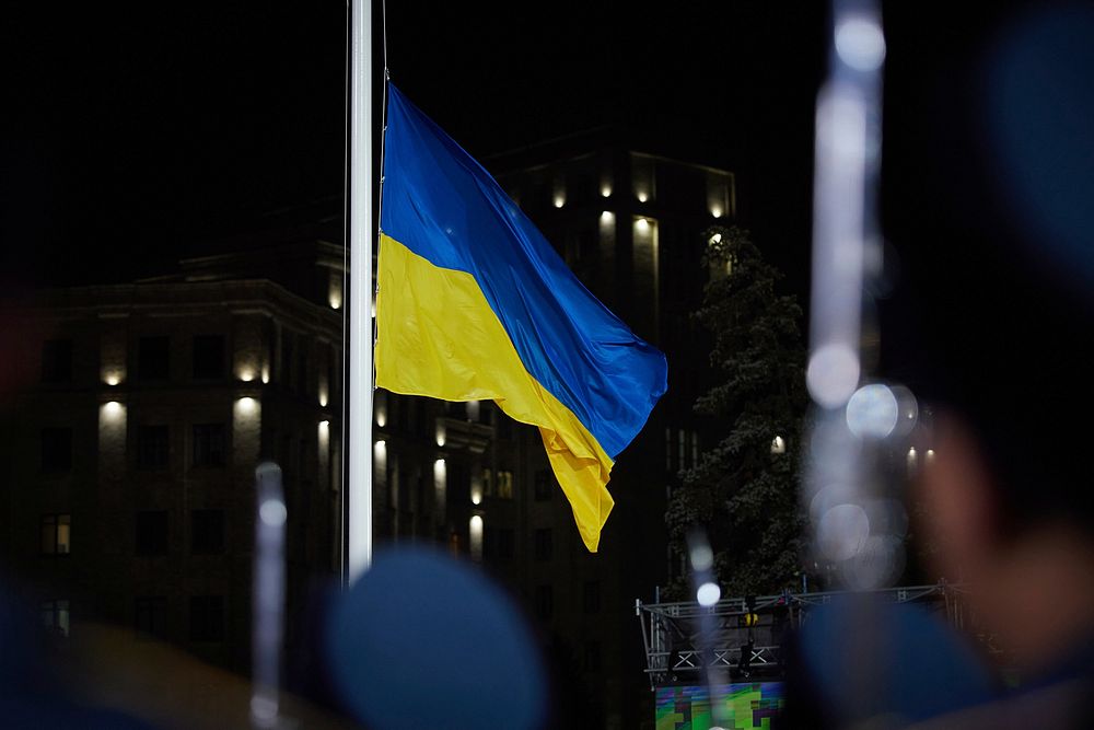 Ukraine flag at night in Svobody.