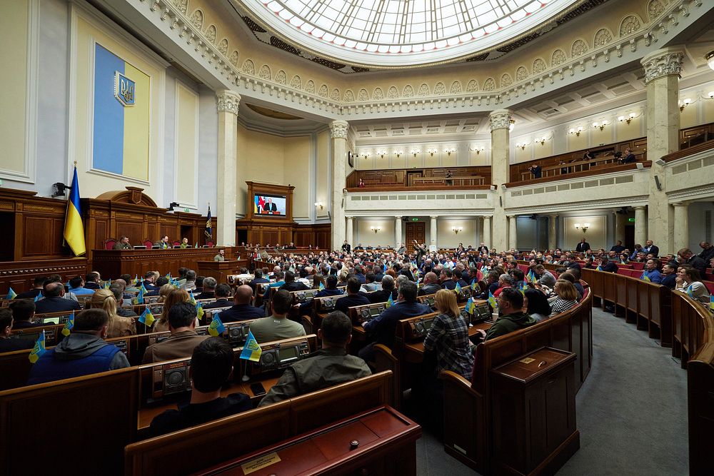 Speech by President of Ukraine Volodymyr Zelenskyy in the Verkhovna Rada. Original public domain image from Flickr