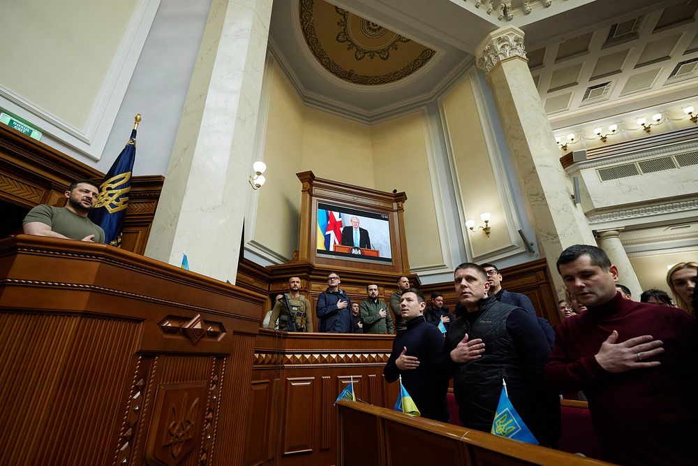 Speech by President of Ukraine Volodymyr Zelenskyy in the Verkhovna Rada. Original public domain image from Flickr