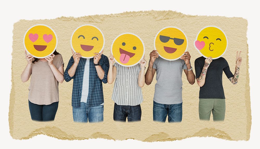 Diverse people holding emoticon signs, ripped paper collage element