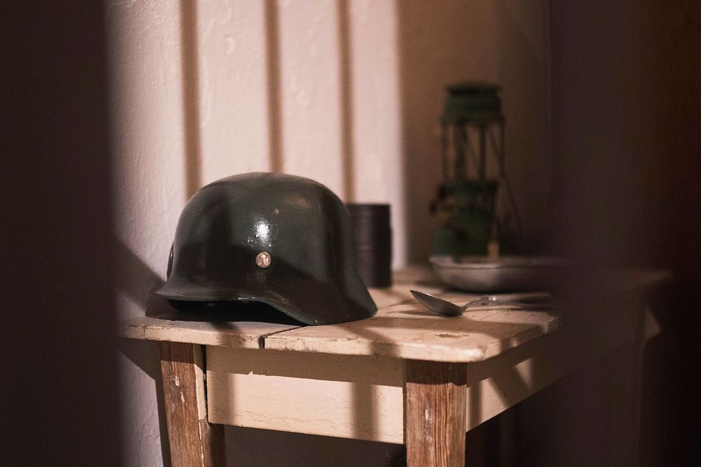 Army helmet in World War 2 exhibition