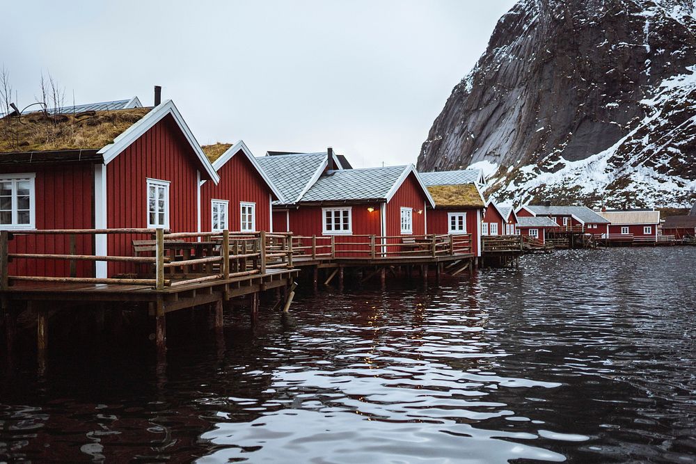 Red vacation cabins in Reine, Norway