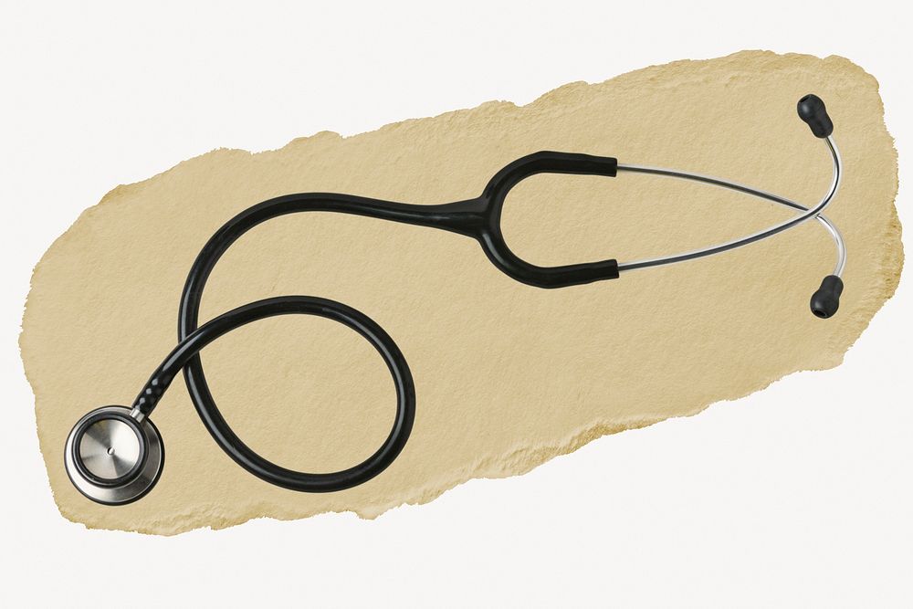 Stethoscope, medical supplies on ripped paper