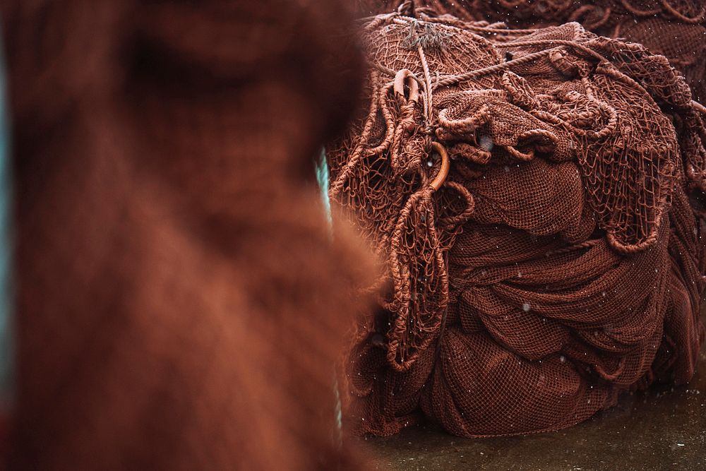 Closeup of red fishing nets