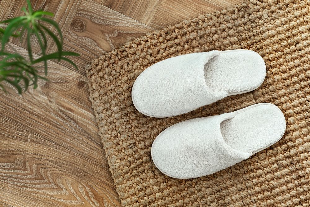 White indoor slippers on jute rug
