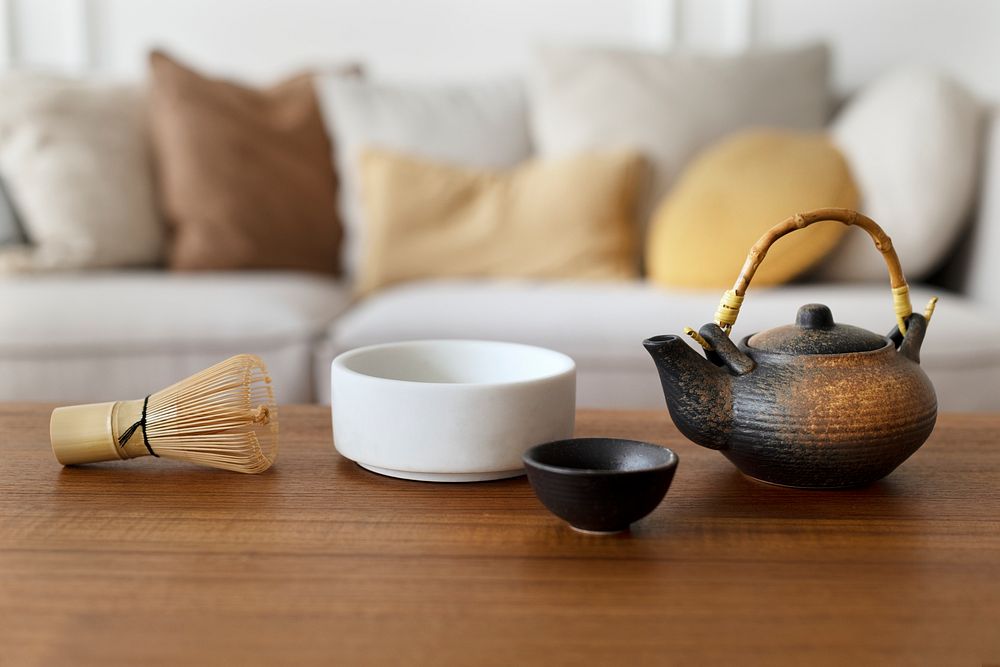 Matcha tea making tool set on wooden table
