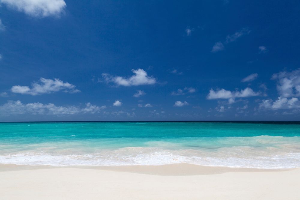 Blue sky sandy beach aesthetic landscape, free public domain CC0 photo