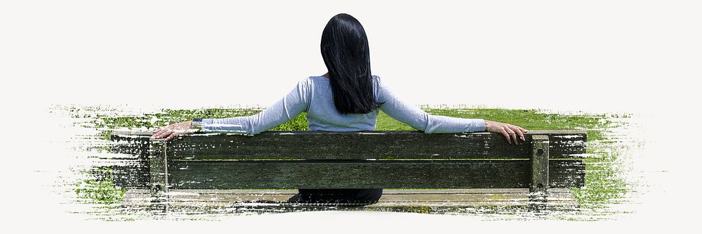 Woman sitting on bench photo on white background