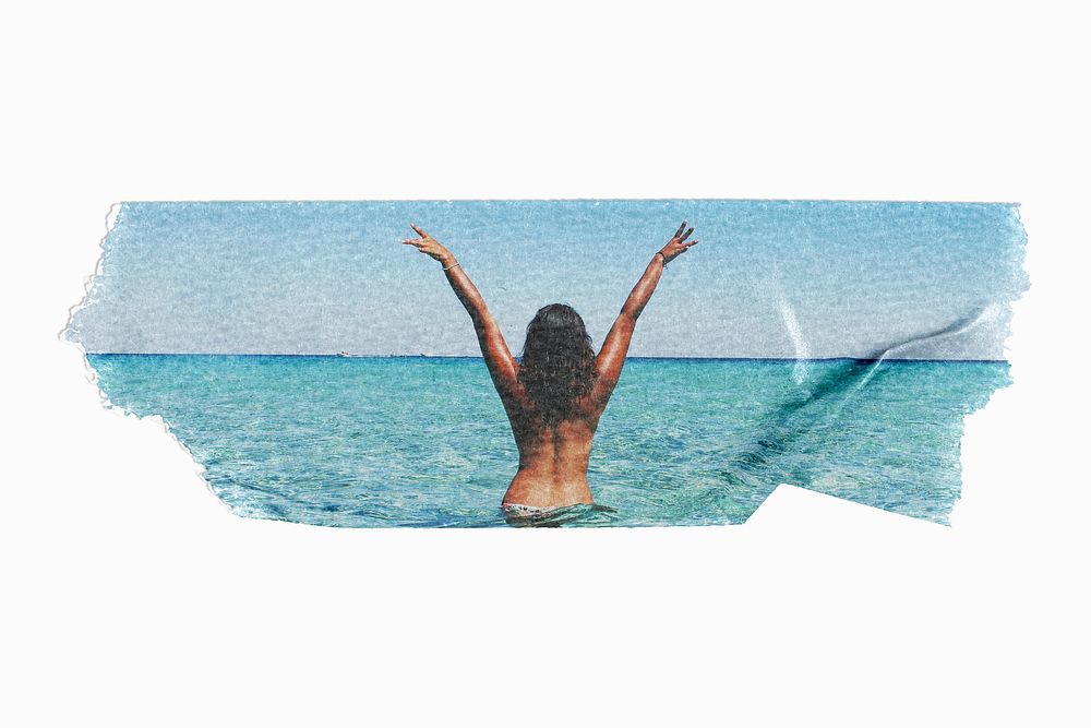 Carefree woman at the beach, ripped washi tape, Summer image