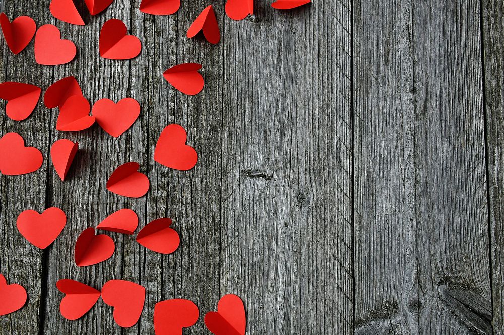 Valentine's day background, red heart, wooden table, free public domain CC0 photo.