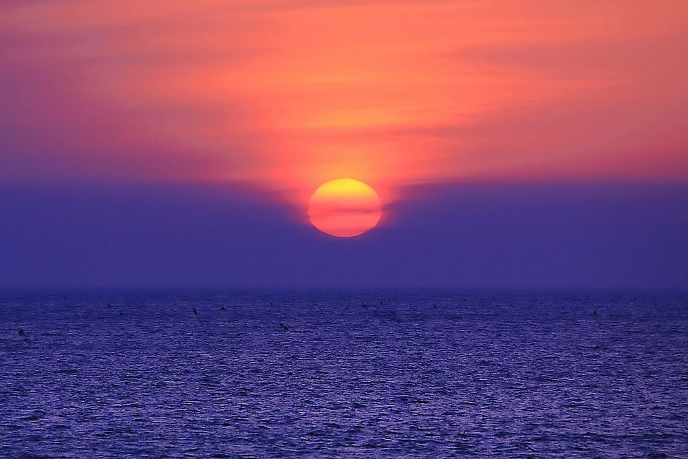 Sunset view, ocean, sun, purple sky photo, free public domain CC0  image.