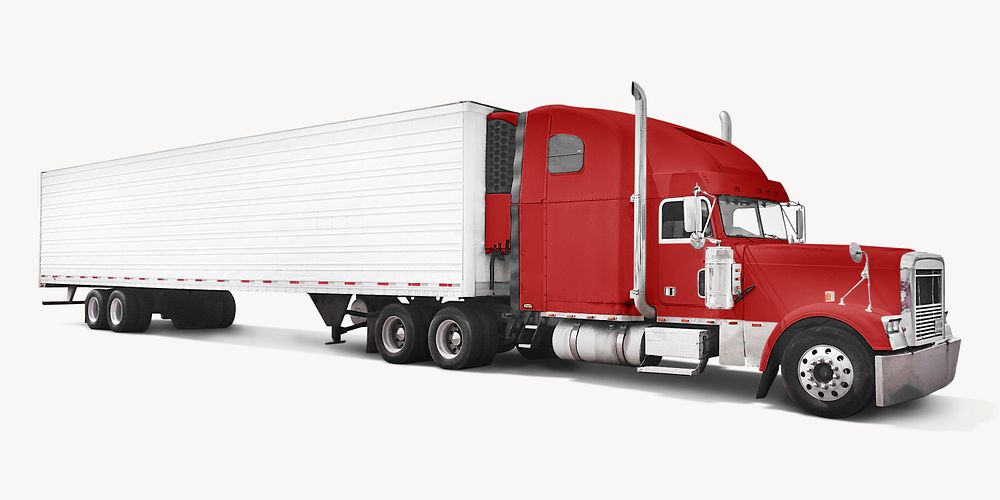 Red truck, transport vehicle isolated image