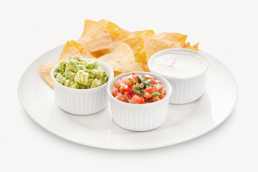Tortilla chips, guacamole, Mexican food isolated image