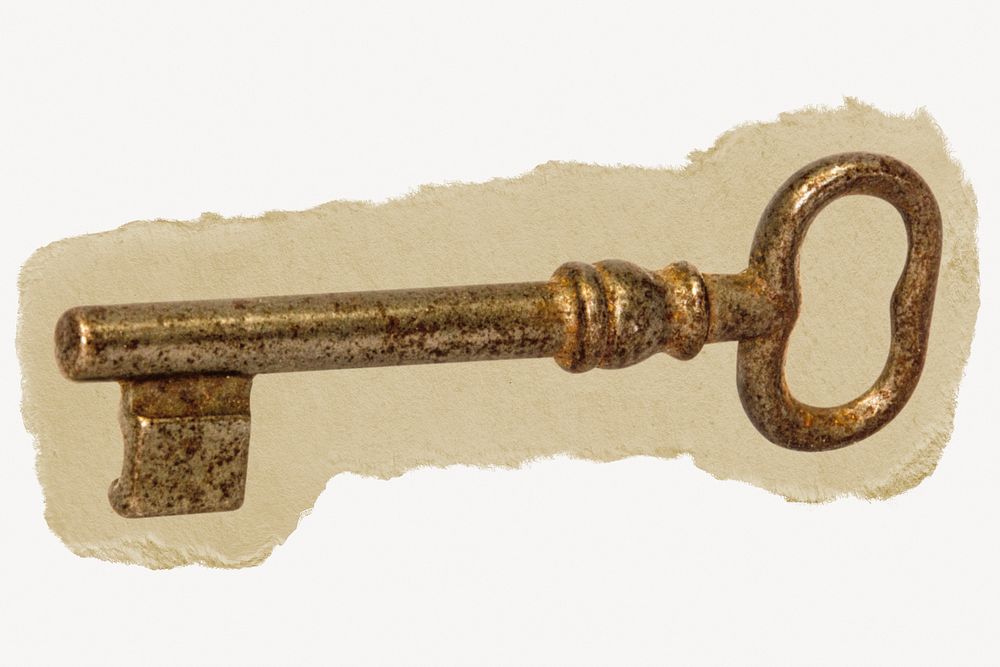 Door key, metal on torn paper